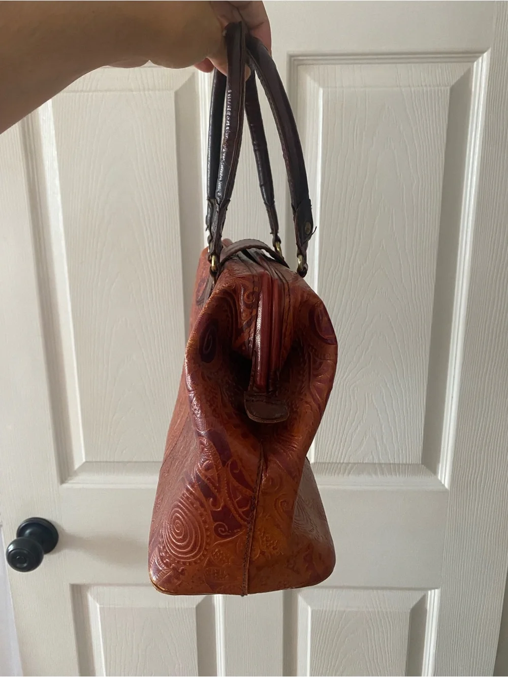 Vintage Leather Satchel Embossed Handbag Brown Medium Size Tooled Leather Boho